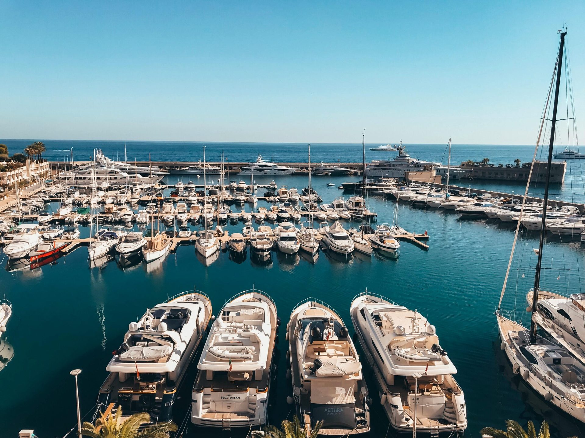 Aerial view of yachts moored in a marina